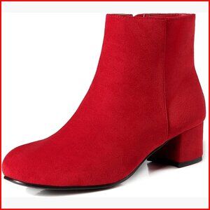 Women's Suede Ankle Boots Low Block Heel Side Zipper Comfortable Round Toe